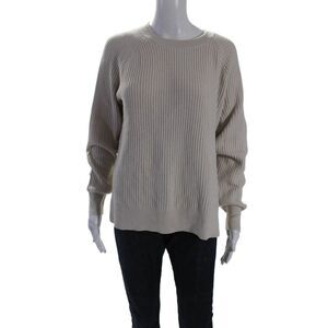Sunny Women's Round Neck Long Sleeves Slit Hem Pullover Sweater Beige Size 2
